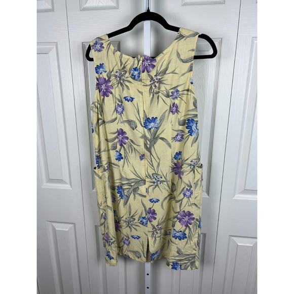 90s Erika Collection Yellow Shift Sleeveless Floral Linen Dress Pockets M/12 - Picture 6 of 6